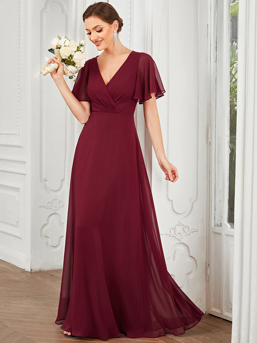 Deep V Neck A Line Short Ruffles Sleeves Wholesale Bridesmaid Dresses