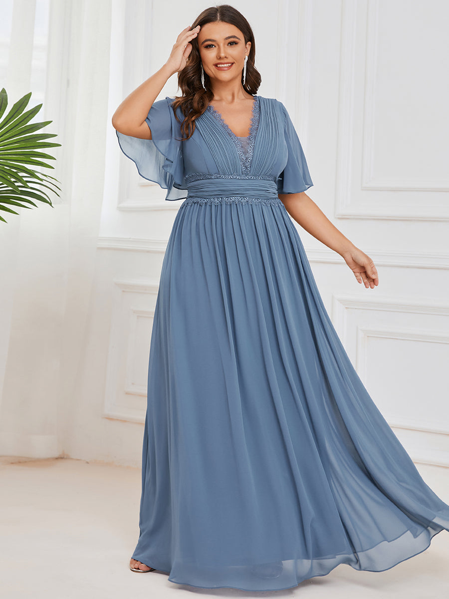 Plus Short Ruffles Sleeves Deep V Neck A Line Wholesale Bridesmaid Dresses