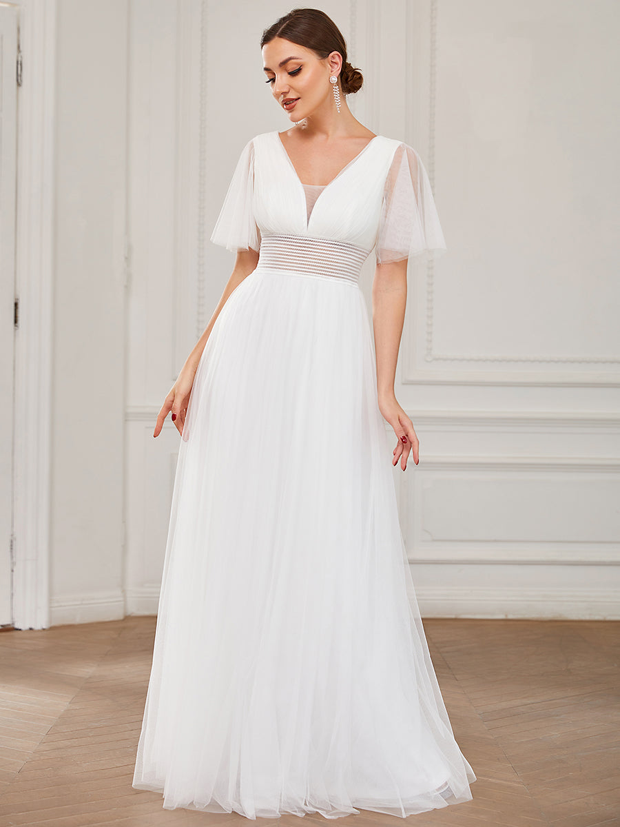 Deep V-Neck Short Ruffles Sleeves A Line Wholesale Bridesmaid Dresses