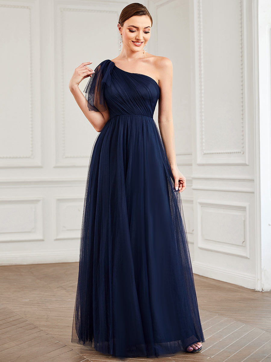 One Shoulder A Line Ruffles Sleeves Wholesale Bridesmaid Dresses