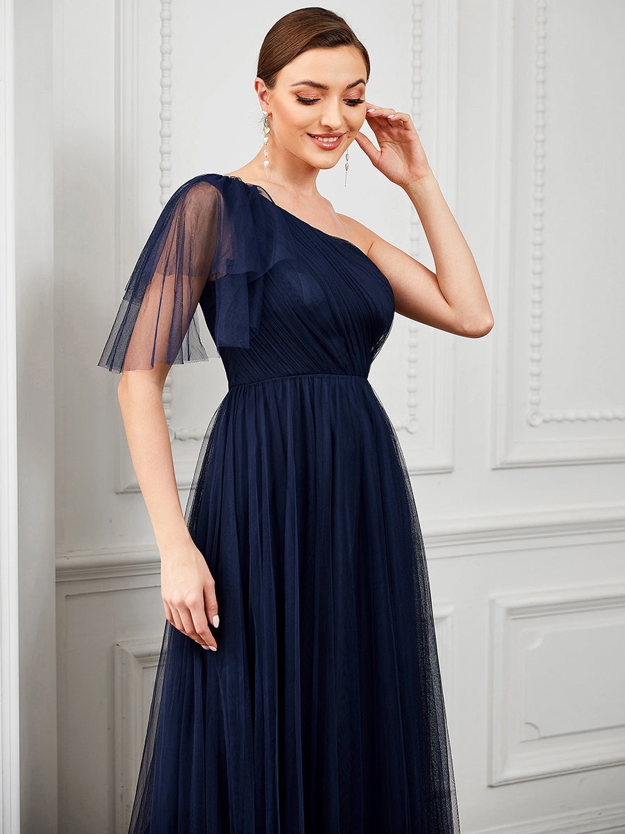 One Shoulder A Line Ruffles Sleeves Wholesale Bridesmaid Dresses