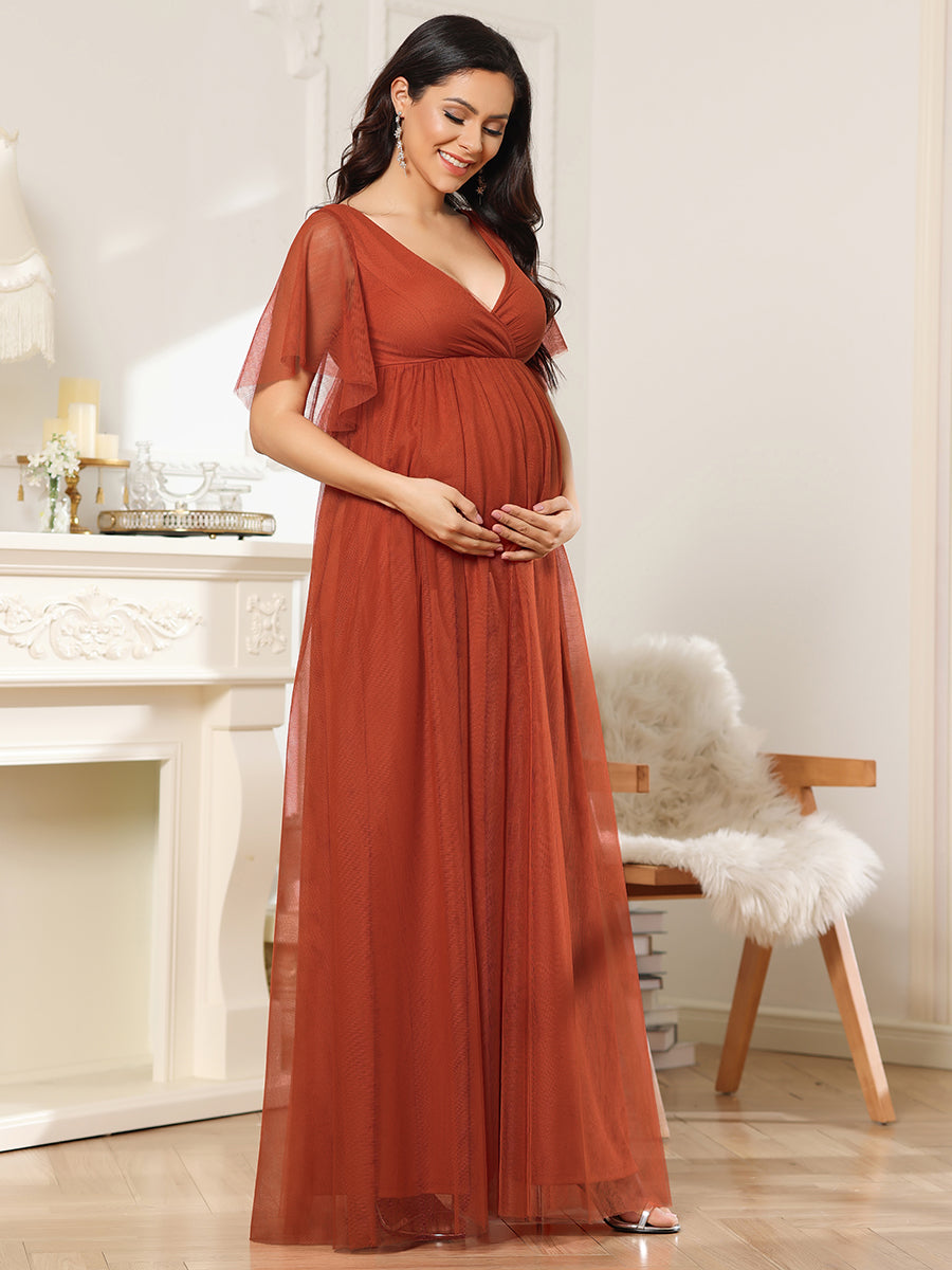 Short Ruffles Sleeve Deep V Neck Chiffon Wholesale Maternity Dresses