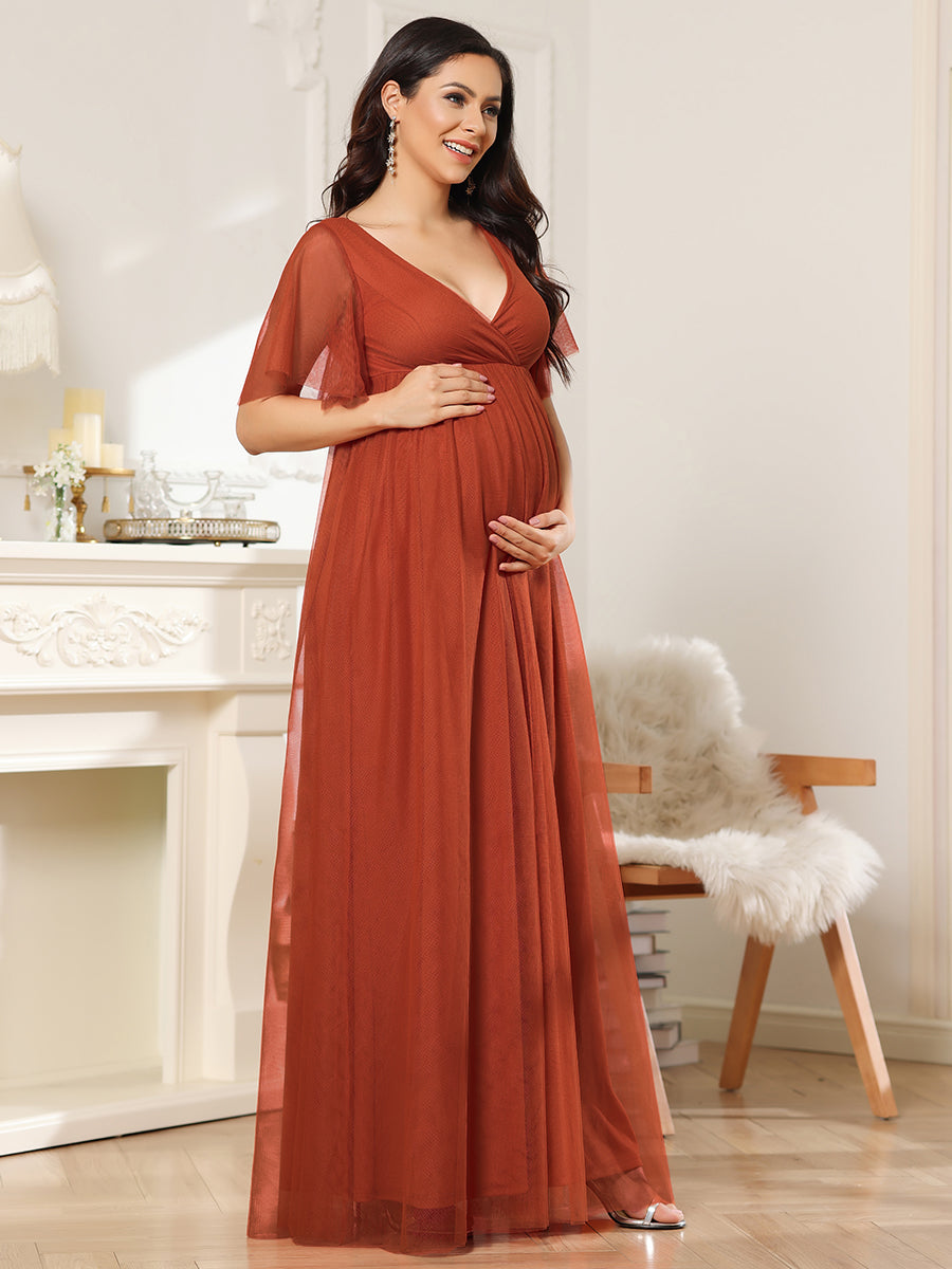 Short Ruffles Sleeve Deep V Neck Chiffon Wholesale Maternity Dresses