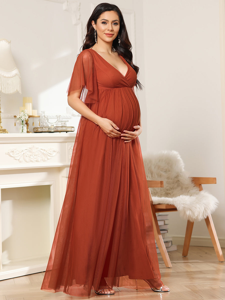 Color=Burnt Orange | Short Ruffles Sleeve Deep V Neck Chiffon Wholesale Maternity Dresses-Burnt Orange 1