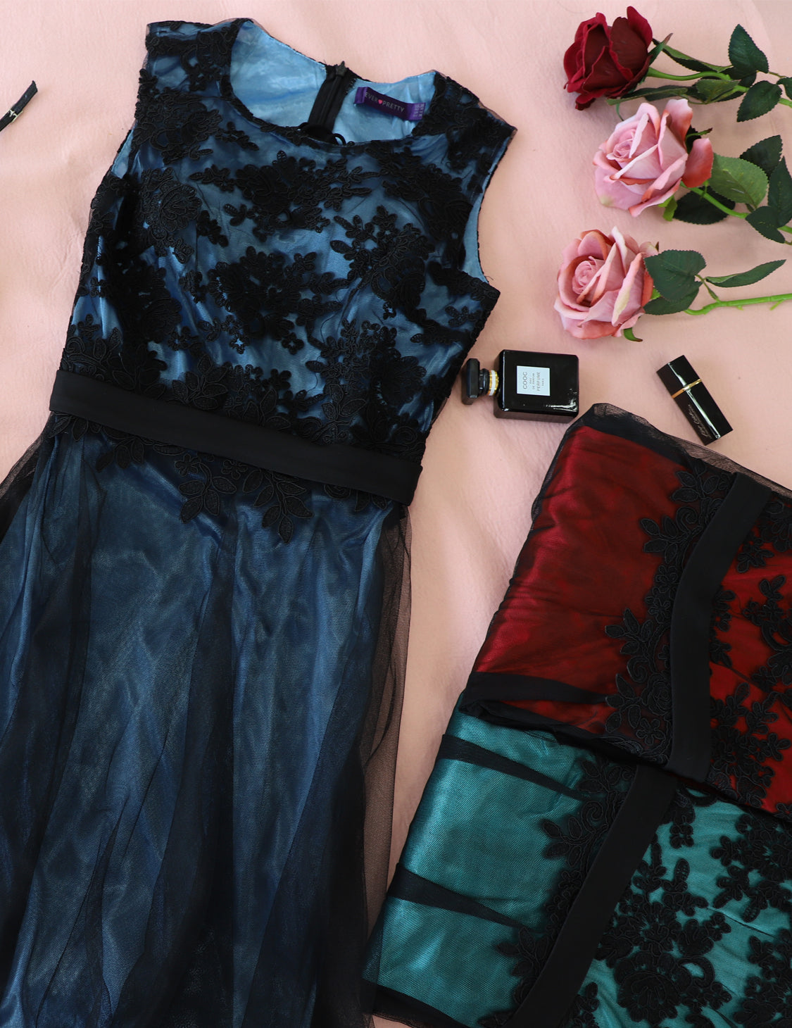 A Line Sleeveless Lace Wholesale Evening Dress with Black Brocade