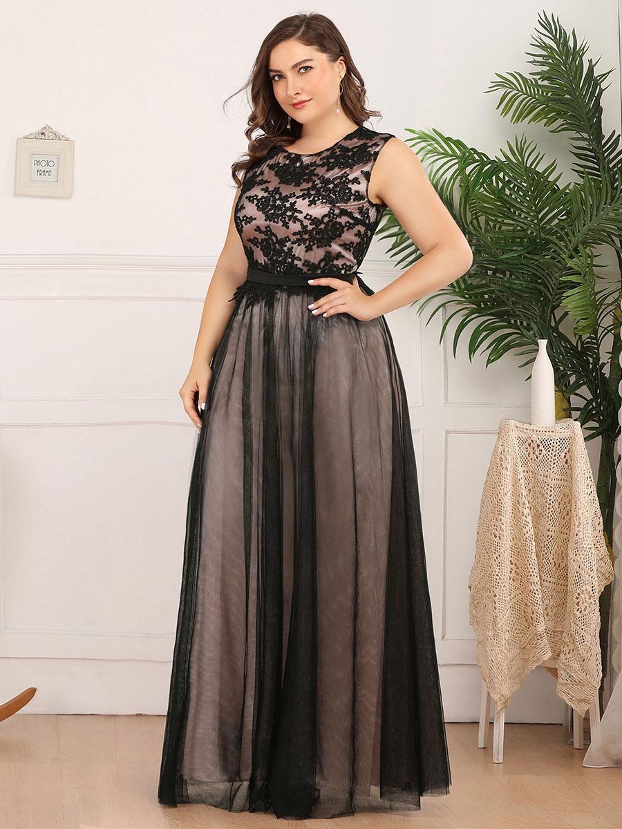 A Line Sleeveless Lace Wholesale Evening Dress with Black Brocade