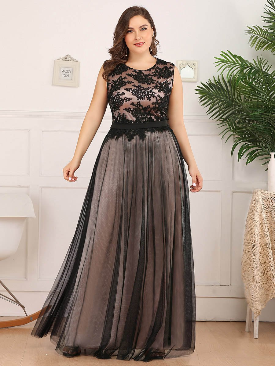 A Line Sleeveless Lace Wholesale Evening Dress with Black Brocade
