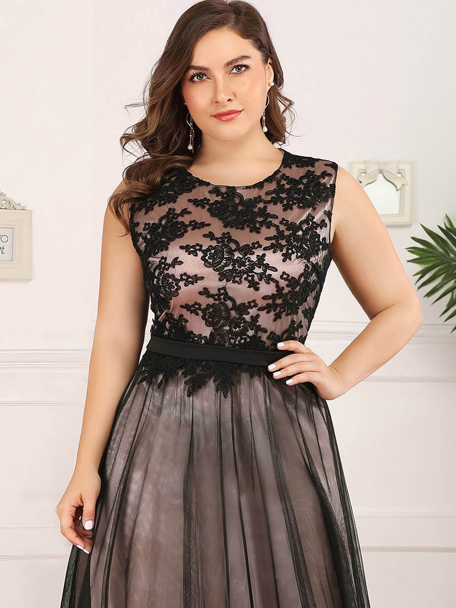 A Line Sleeveless Lace Wholesale Evening Dress with Black Brocade