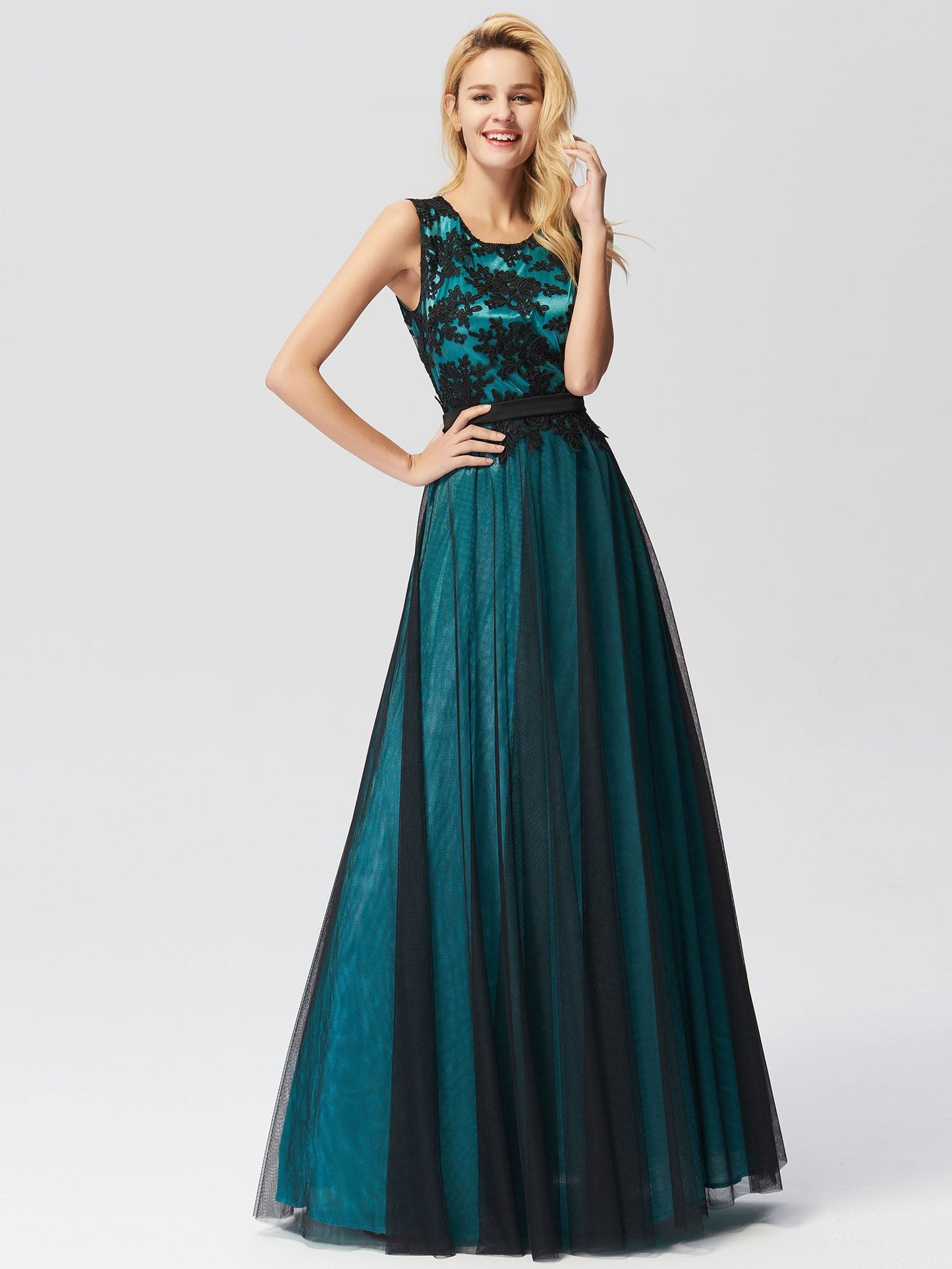 A Line Sleeveless Lace Wholesale Evening Dress with Black Brocade