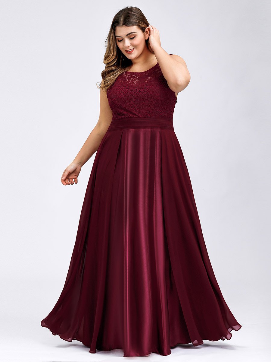 COLOR=Burgundy | Plus Size Round Neck Empire Waist Lace Dresses For Women-Burgundy 1