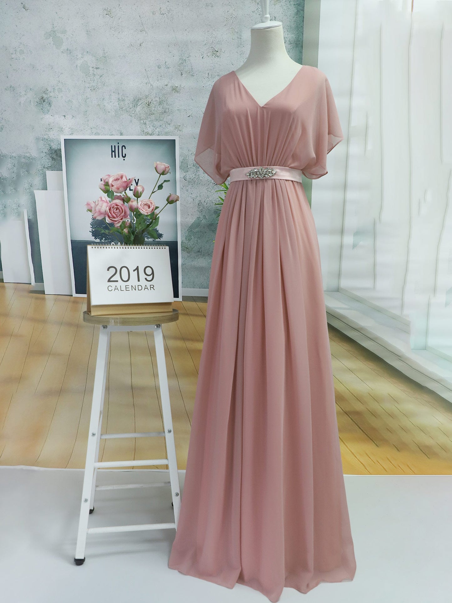 Maxi Long Flowy Chiffon Wholesale Evening Dress with Short Sleeve
