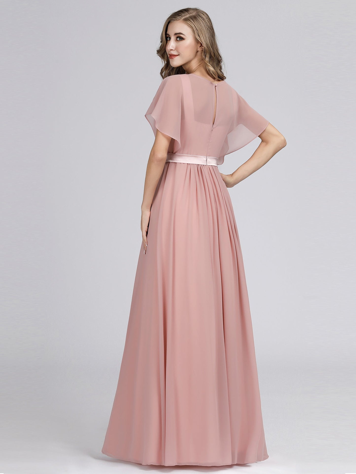 Maxi Long Flowy Chiffon Wholesale Evening Dress with Short Sleeve