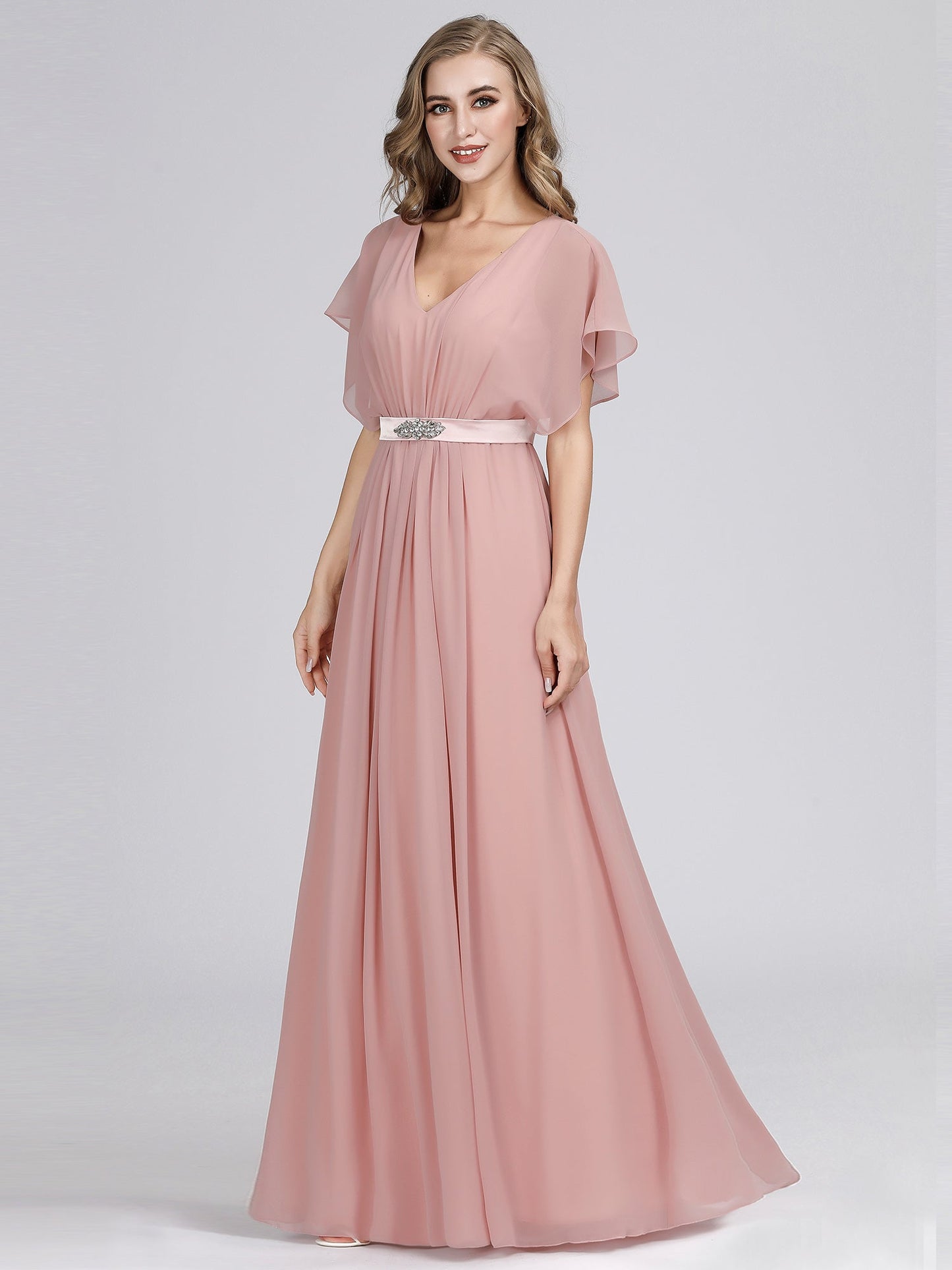 Maxi Long Flowy Chiffon Wholesale Evening Dress with Short Sleeve