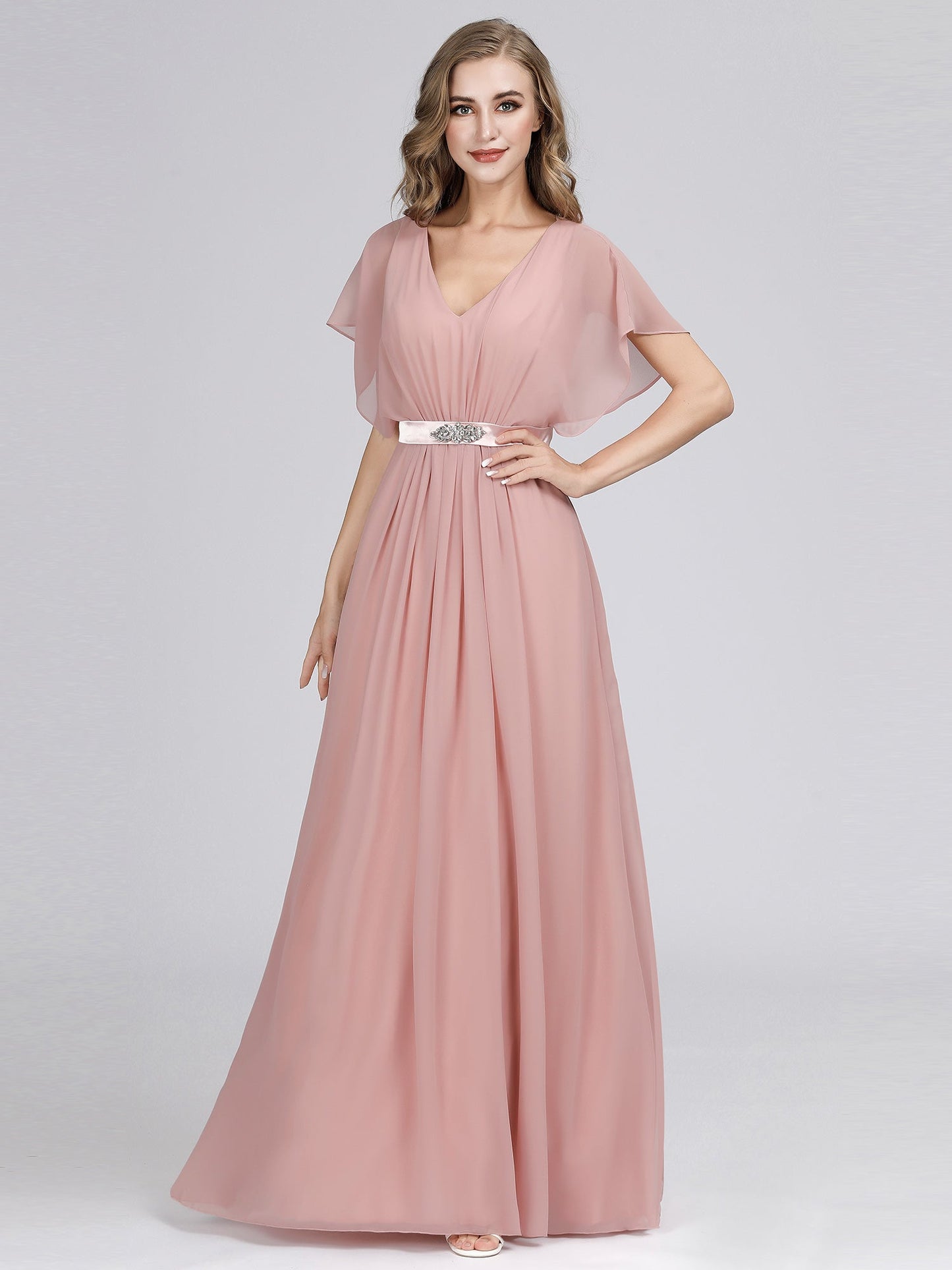 Maxi Long Flowy Chiffon Wholesale Evening Dress with Short Sleeve