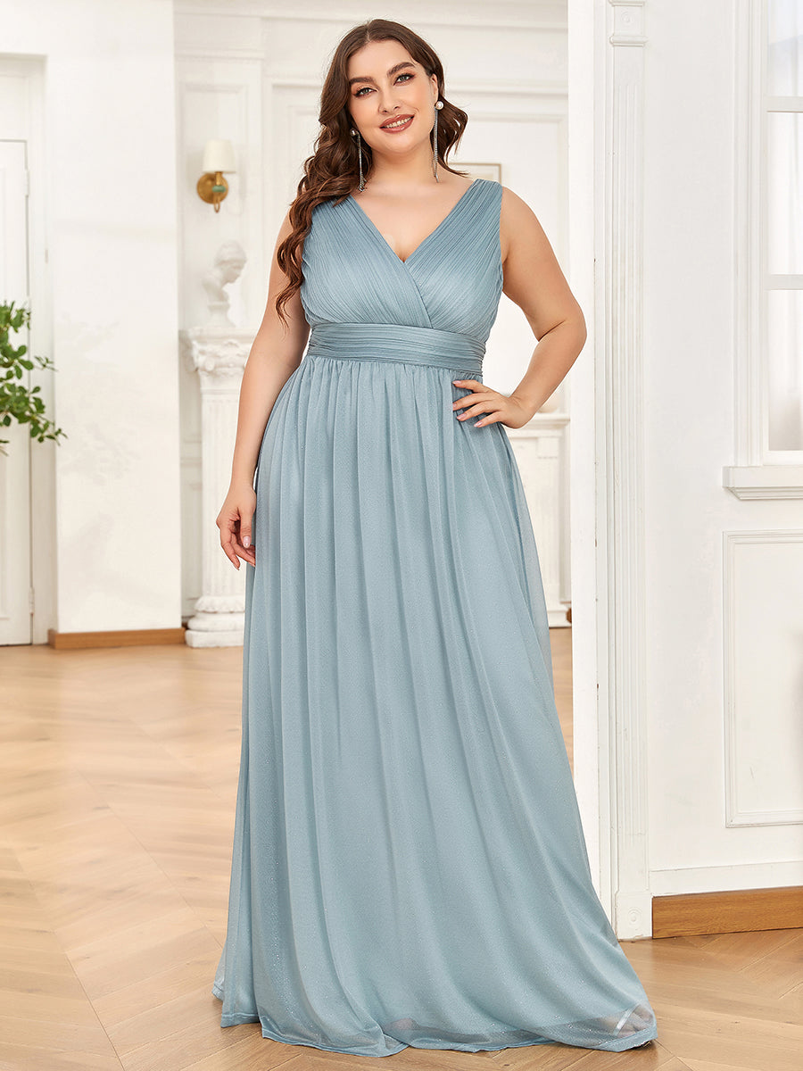 Color=Mist | Double V Neck Maxi Long Plus Size Evening Dresses for Party-Mist 1