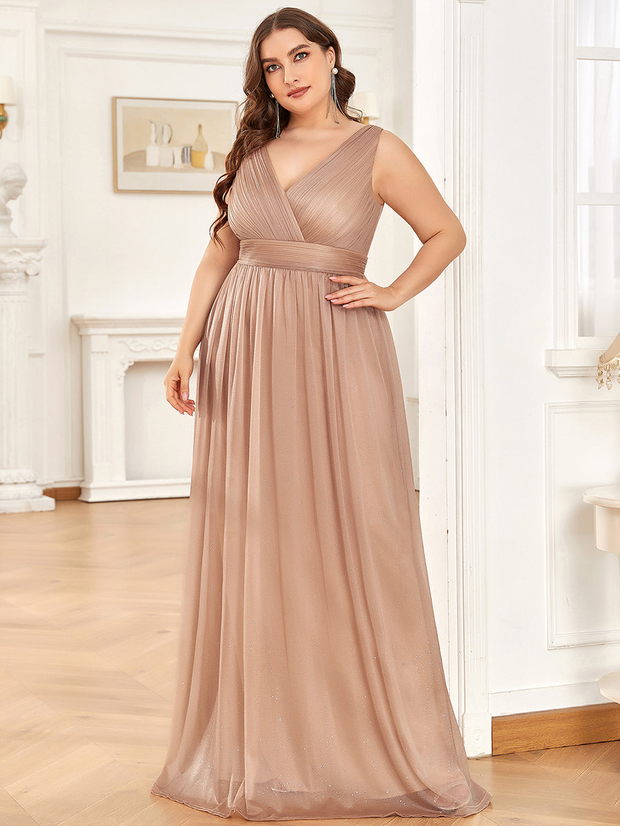 Color=Rose Gold | Double V Neck Maxi Long Plus Size Evening Dresses for Party-Rose Gold 1