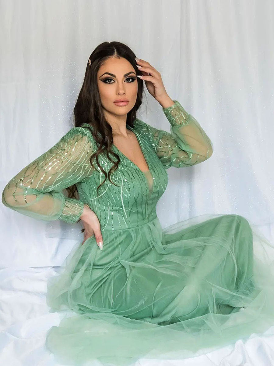 Sexy Deep V Neck Wholesale Sequin & Tulle Maxi Long Evening Dress