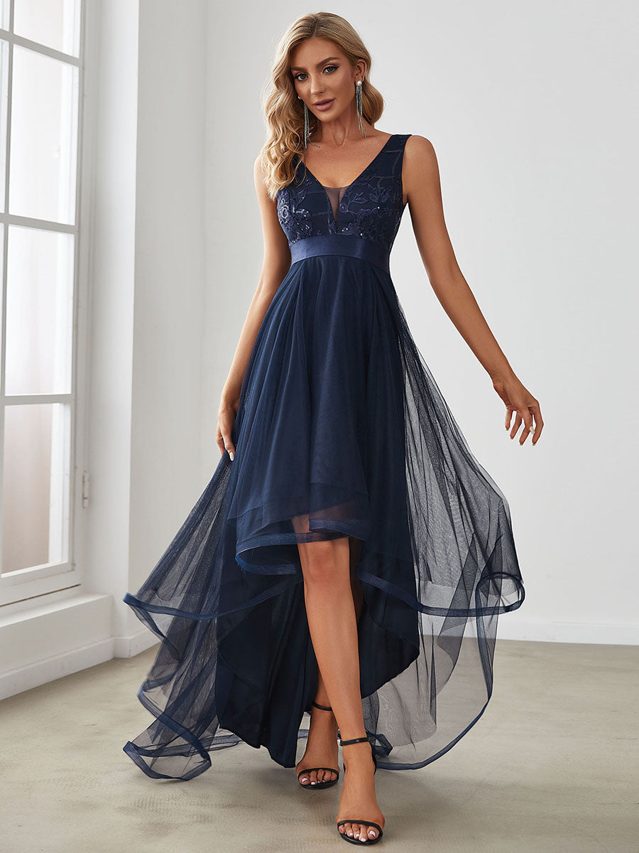 Color=Navy Blue | High-Low V Neck Tulle Wholesale Prom Dresses with Sequin Appliques-Navy Blue 1