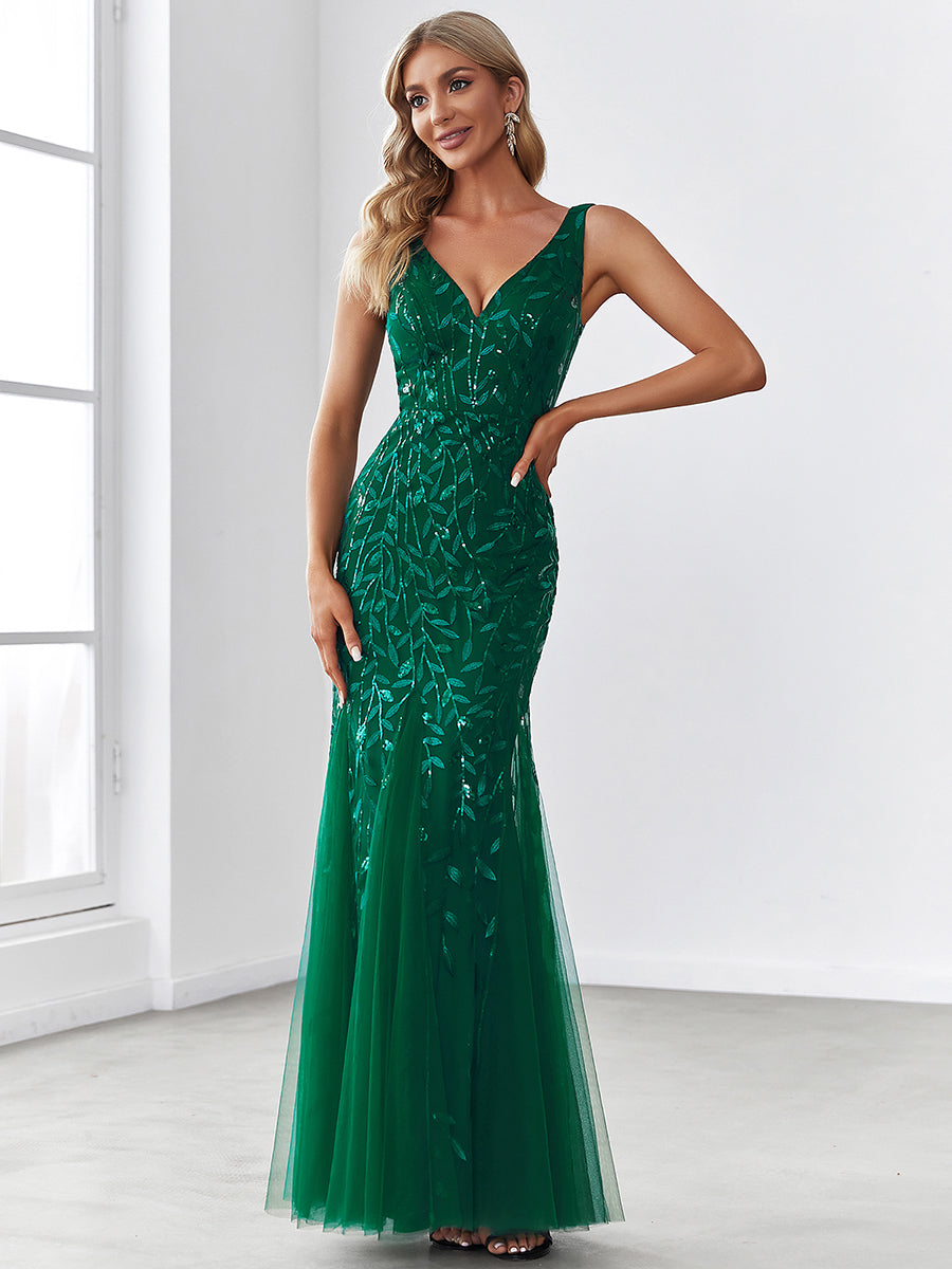 Color=Dark Green | Women'S Double V-Neck Fishtail Seuqin Evening Maxi Dress-Dark Green 1