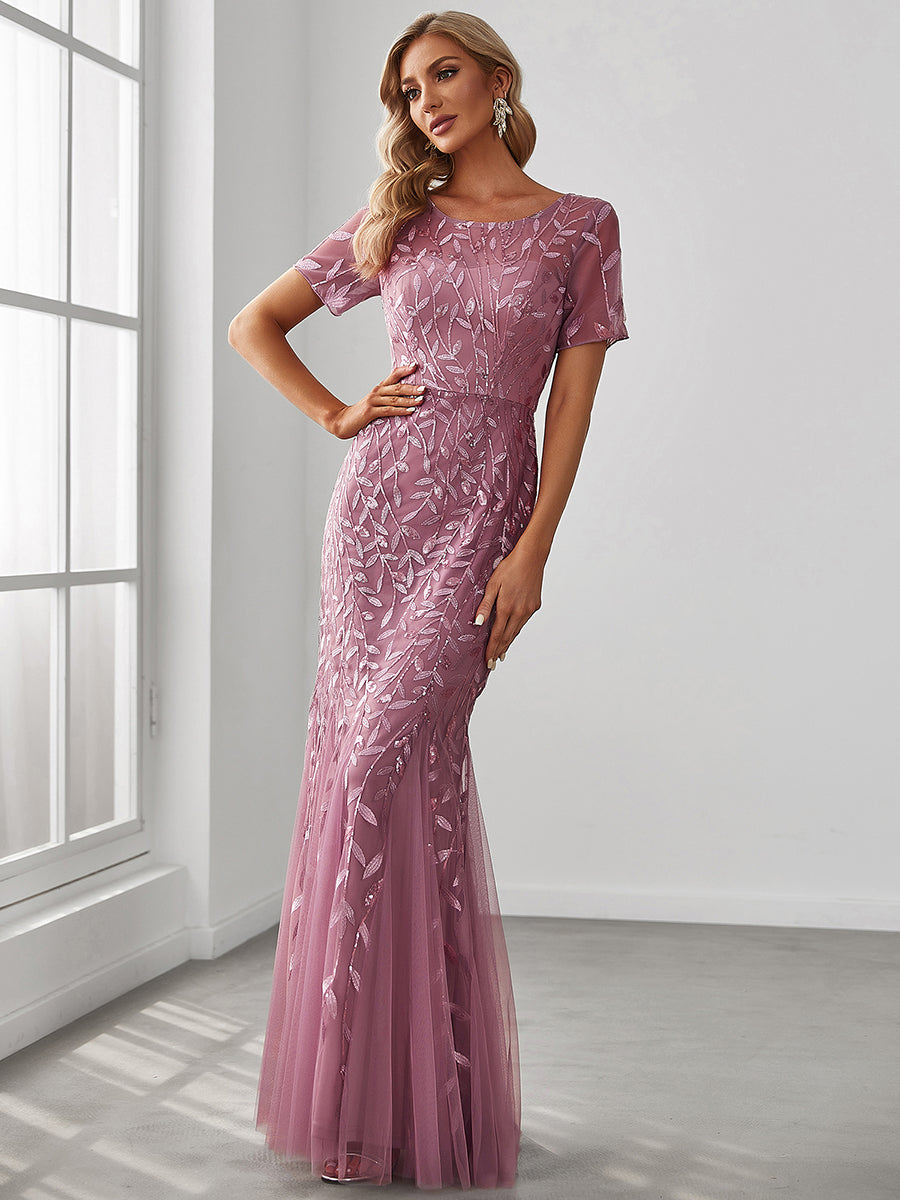 Color=Orchid | Women'S Floral Sequin Print Fishtail Tulle Dresses For Party-Orchid 1