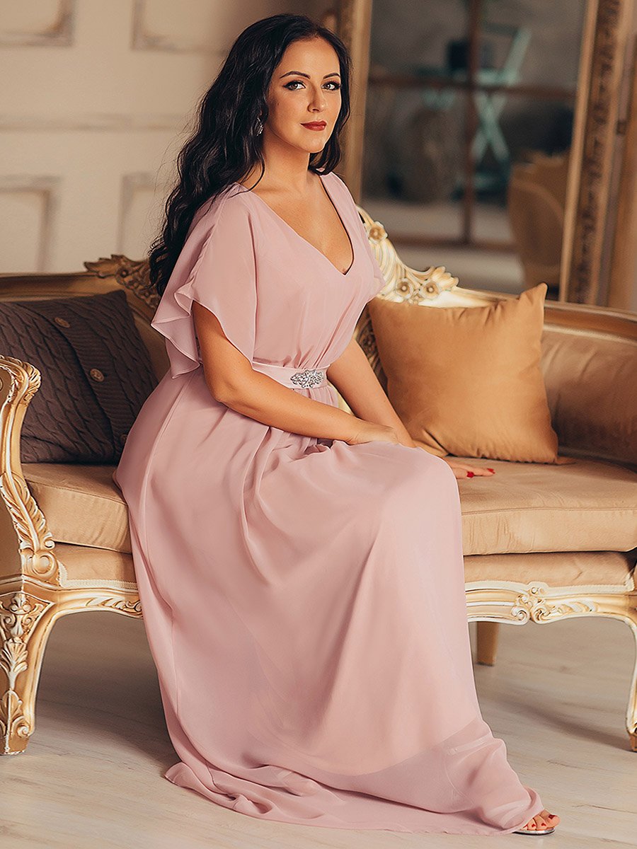 Maxi Long Flowy Chiffon Wholesale Evening Dress with Short Sleeve