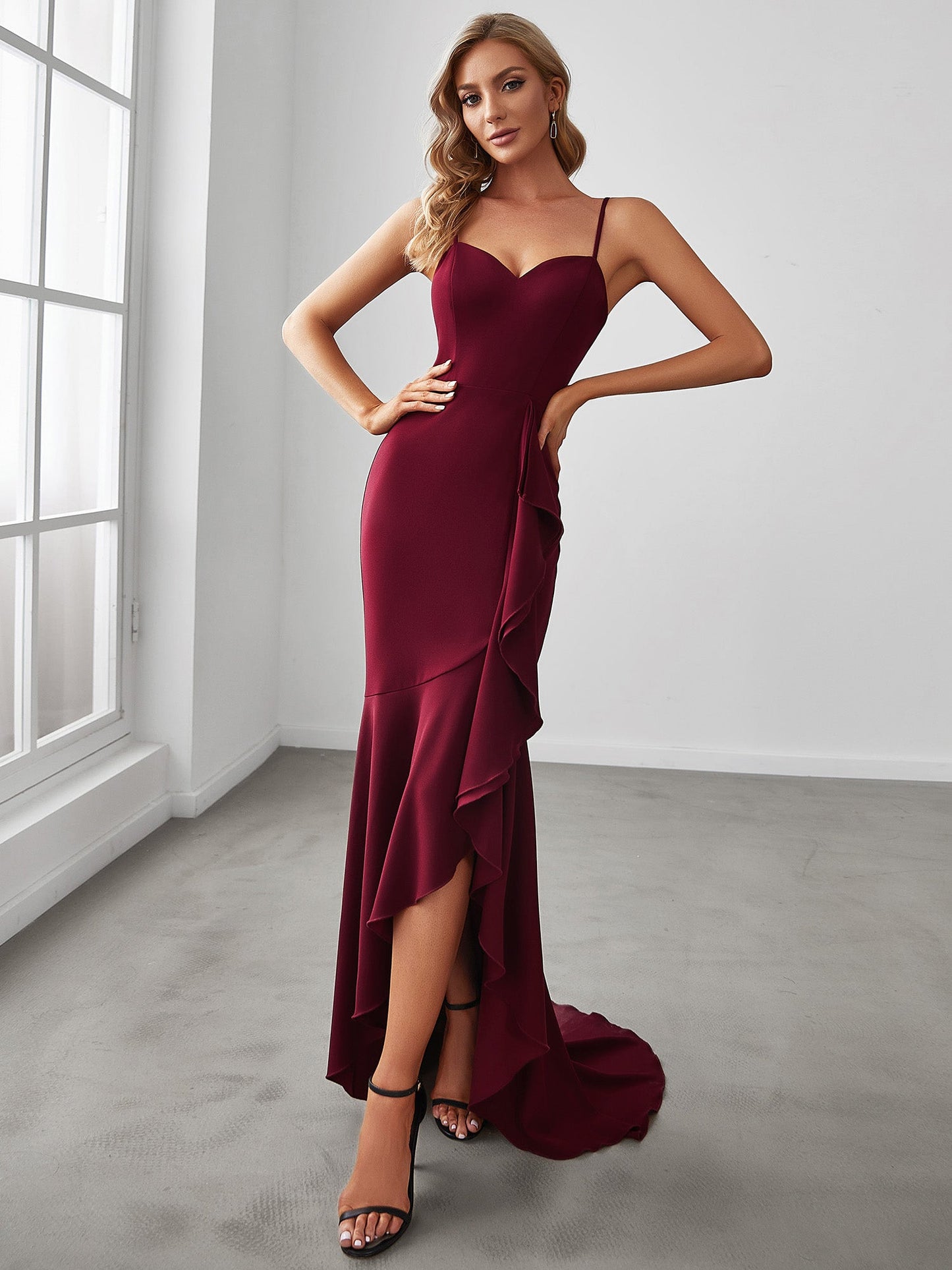 Color=Burgundy | Sleeveless Fishtail Wholesale Evening Dresses with Sweetheart Neckline-Burgundy 1