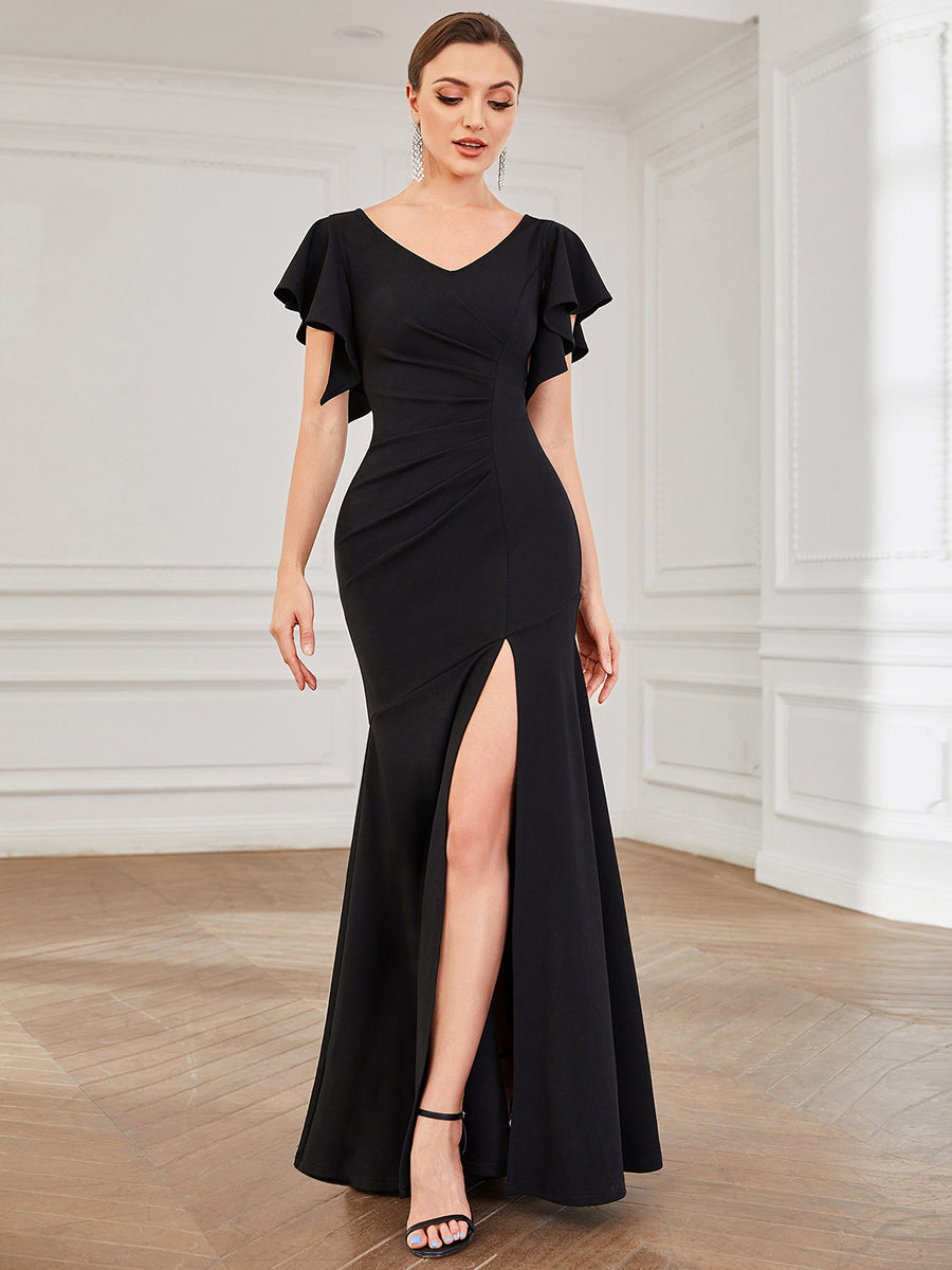 Color=Black | Deep V Neck Short Ruffles Sleeves Split Wholesale Evening Dresses-Black 1