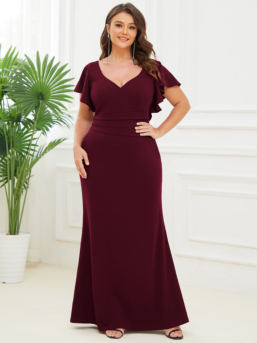Short Ruffles Sleeves Fishtail Deep V Neck Wholesale Evening Dresses