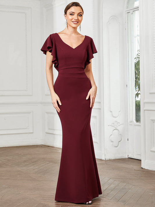 Color=Burgundy | Short Ruffles Sleeves Fishtail Deep V Neck Wholesale Evening Dresses-Burgundy 1