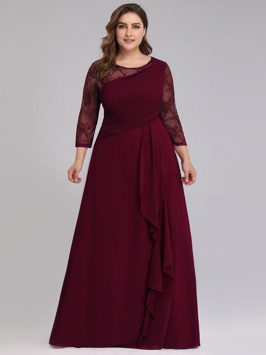 Color=Burgundy | Plus Size Elegant Long Half Sleeves Women Formal Evening Dresses Eb07728-Burgundy 1
