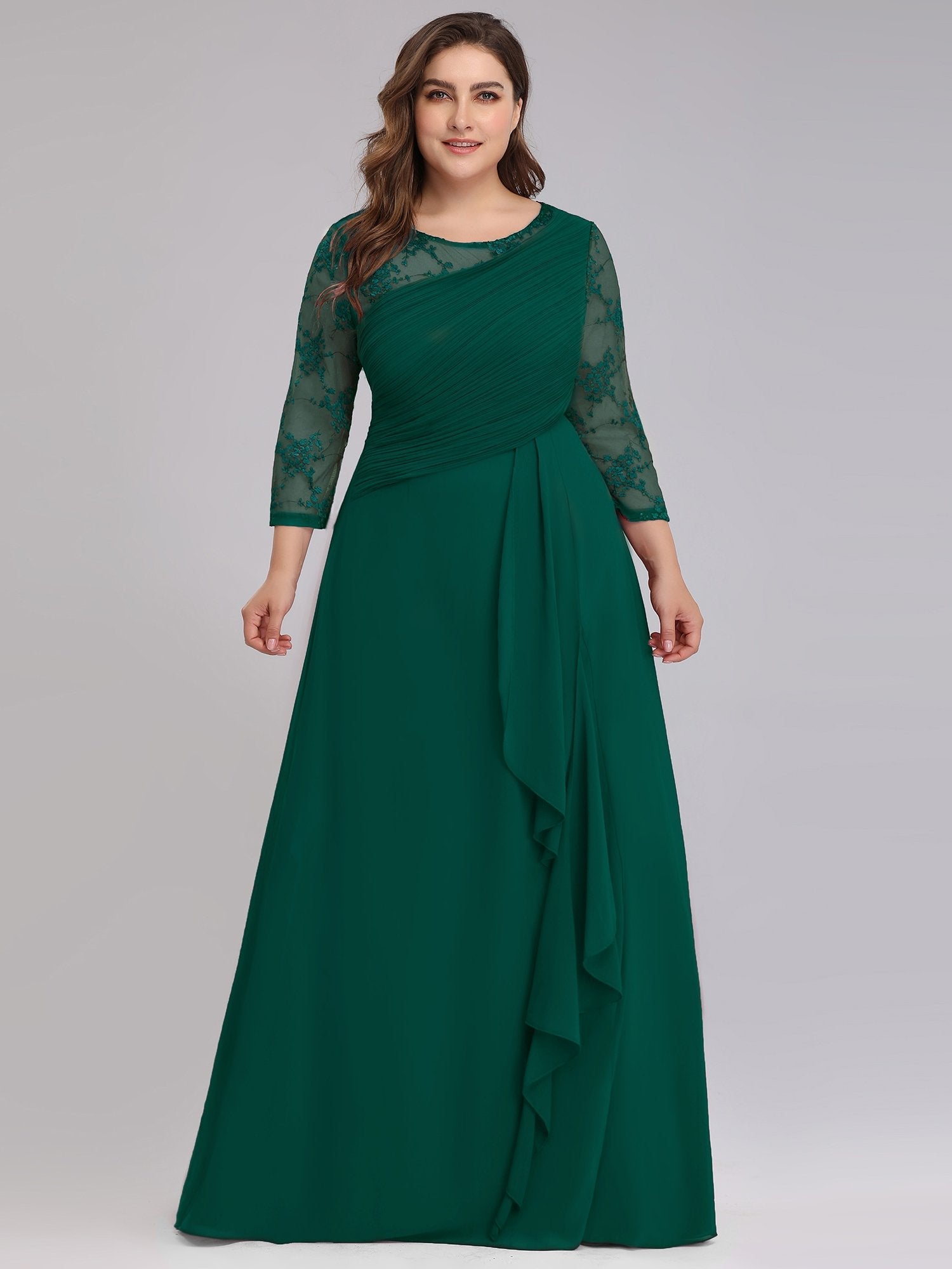 Color=Dark Green | Plus Size Elegant Long Half Sleeves Women Formal Evening Dresses Eb07728-Dark Green 1