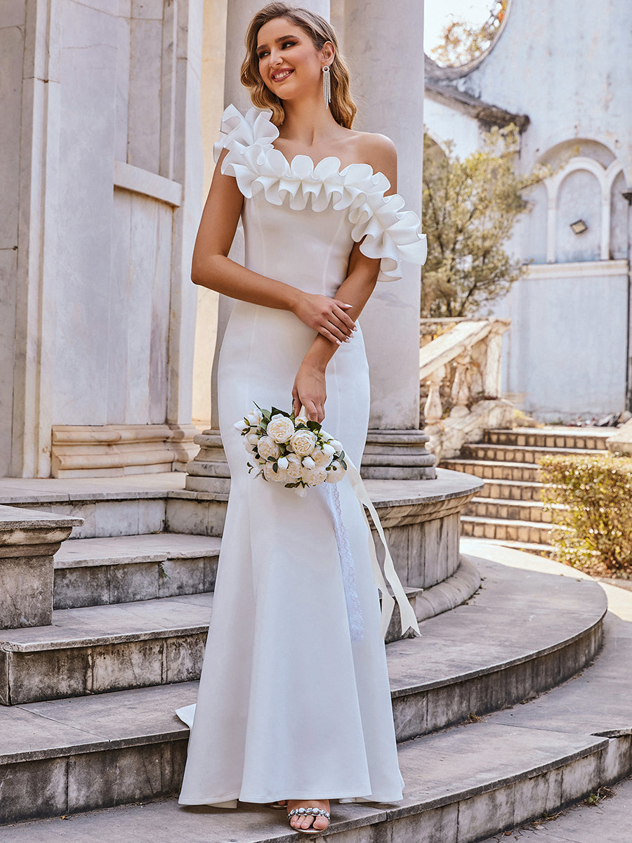 Color=Cream | Cute Wholesale Ruffled Off Shoulder Long Fishtail Evening Dress-Cream 1