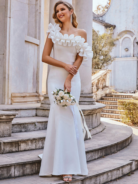 Color=Cream | Cute Wholesale Ruffled Off Shoulder Long Fishtail Evening Dress-Cream 1