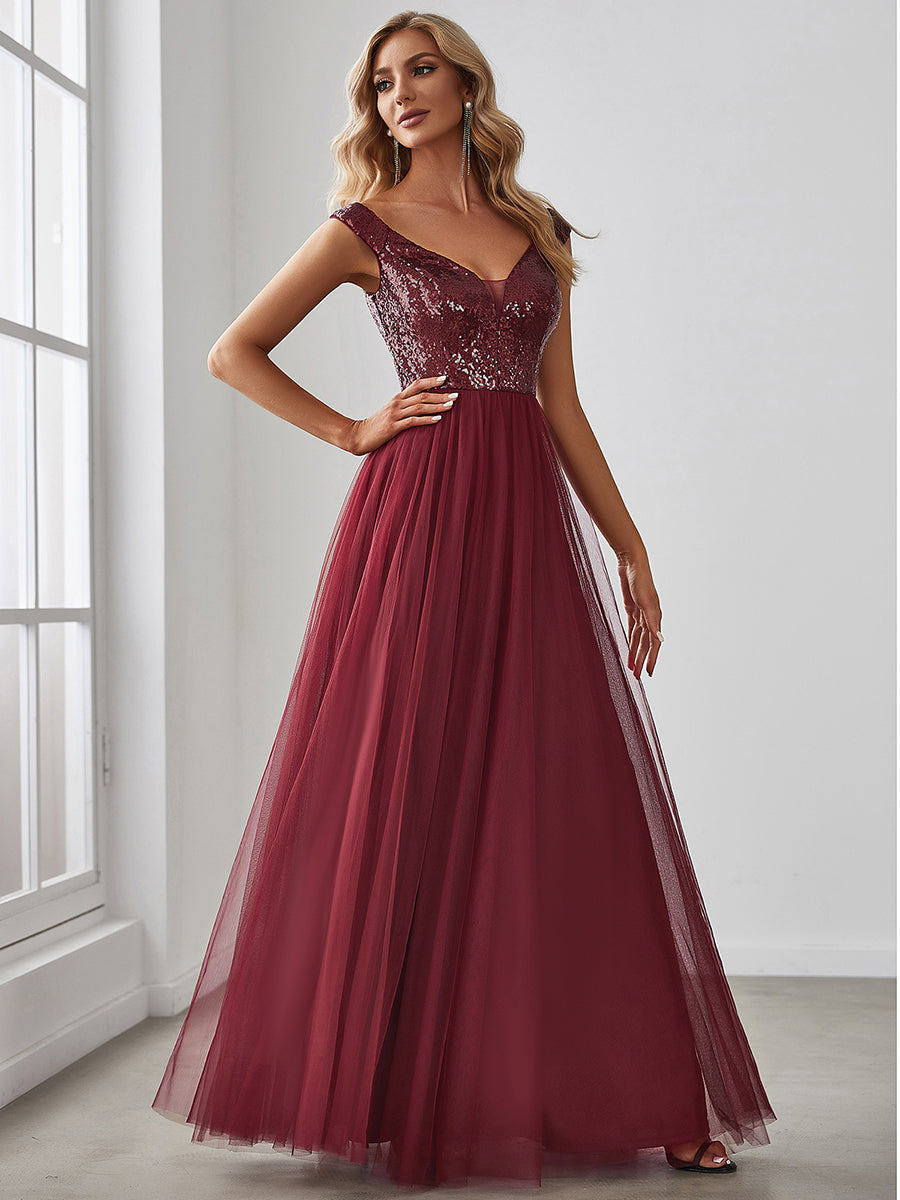 Wholesale Off Shoulder Tulle & Sequin Sleeveless Evening Dress