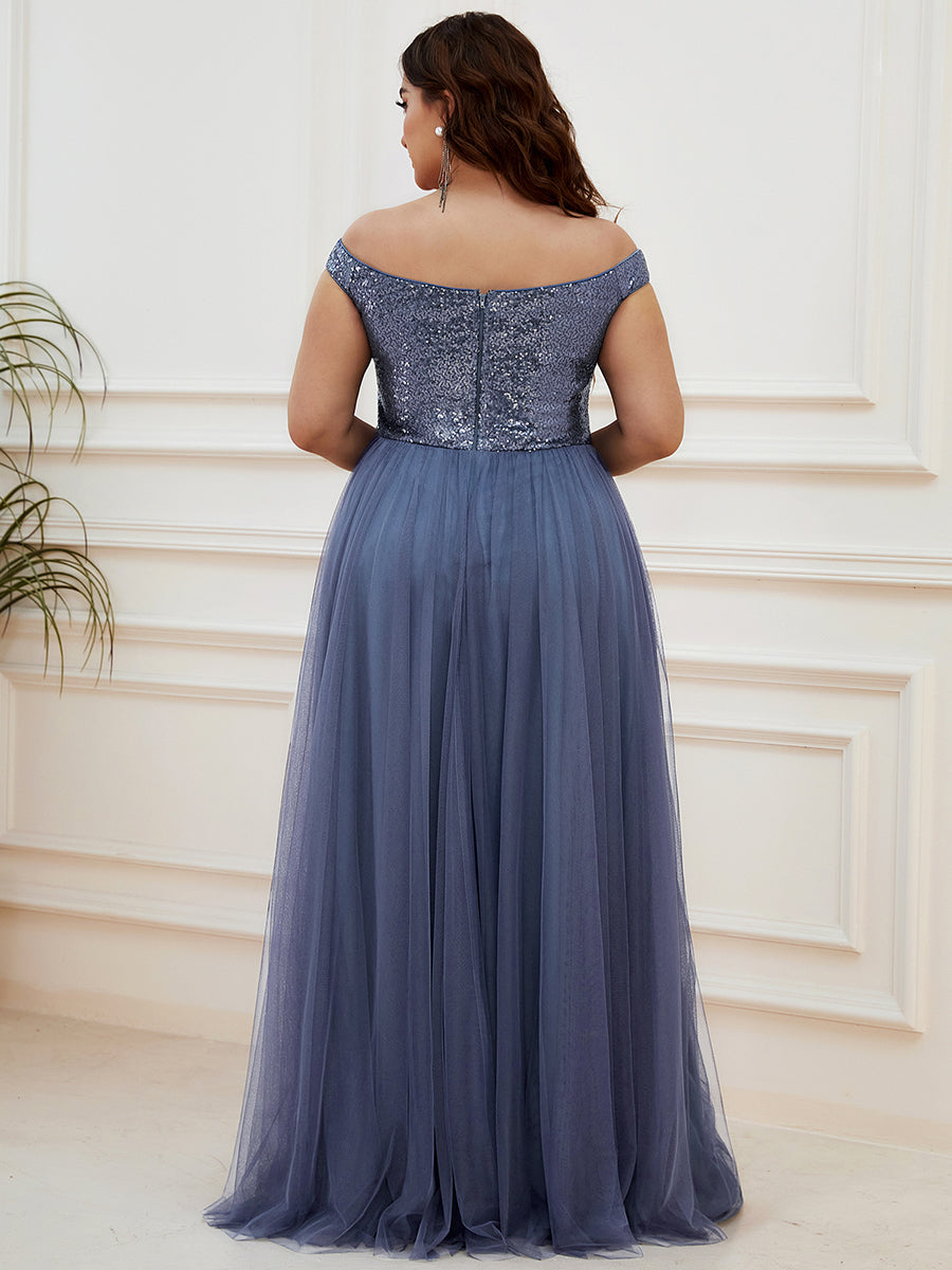 Plus Size Wholesale High Waist Tulle & Sequin Sleeveless Evening Dress EE00277