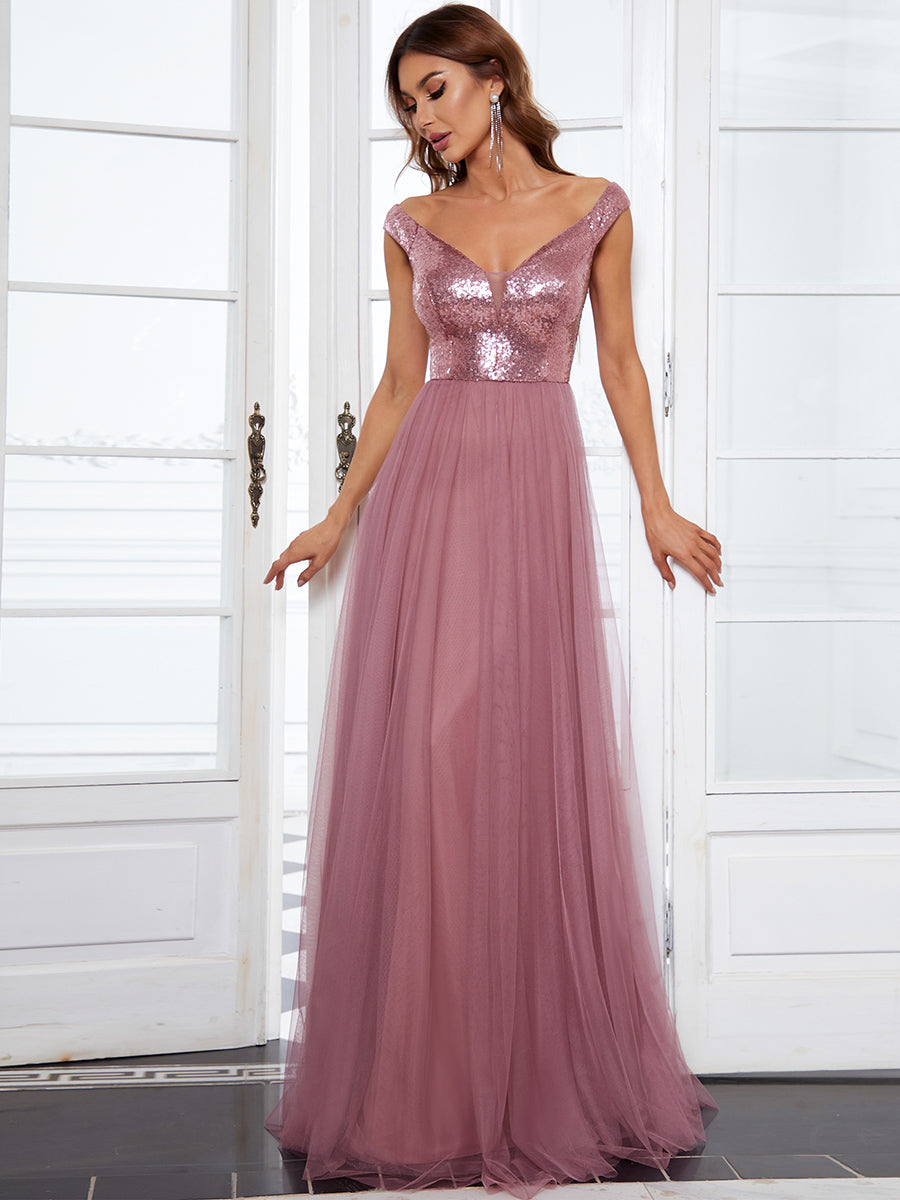 Wholesale High Waist Tulle & Sequin Sleeveless V Neck Evening Dress