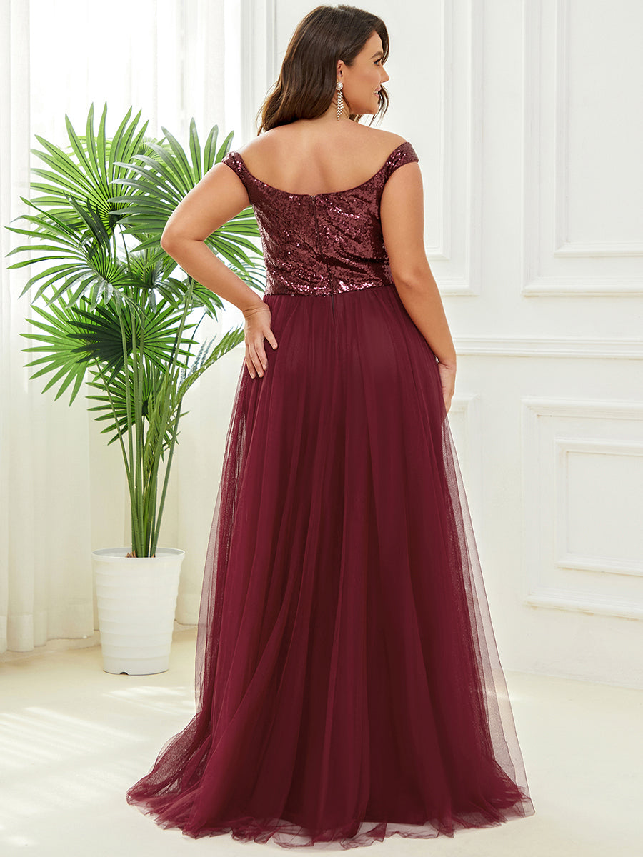 Plus Size Wholesale High Waist Tulle & Sequin Sleeveless Evening Dress EE00277