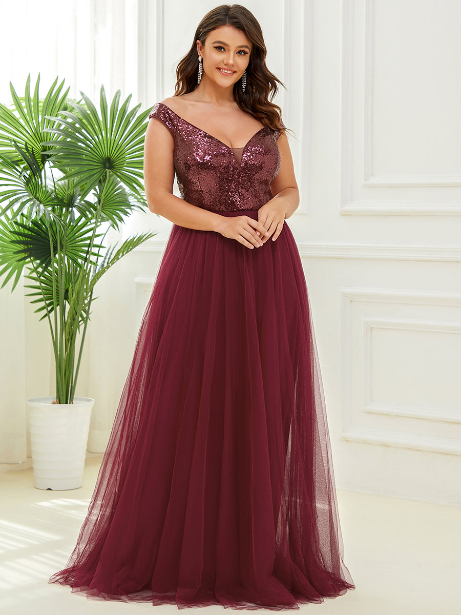 Plus Size Wholesale High Waist Tulle & Sequin Sleeveless Evening Dress EE00277