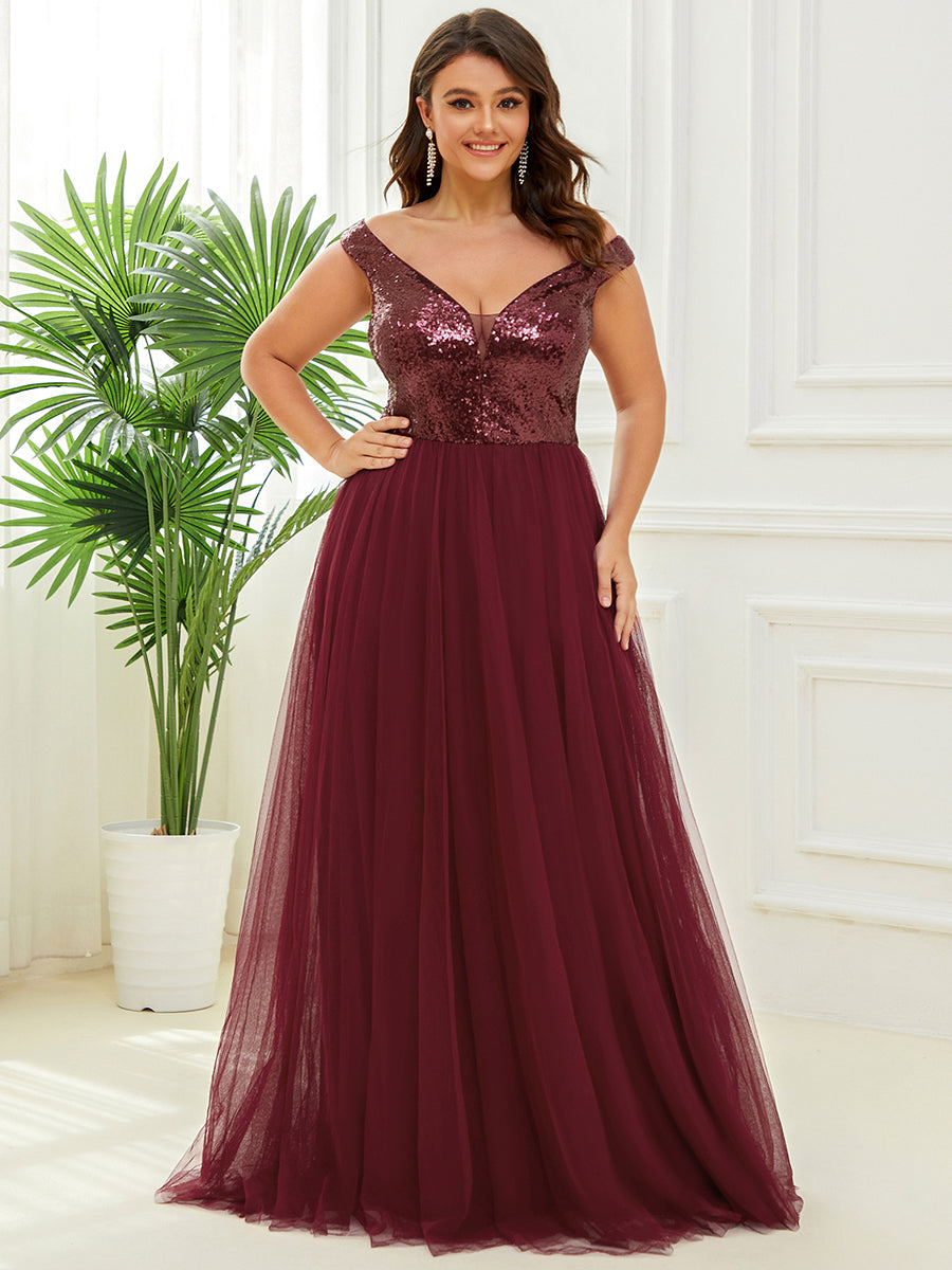 Plus Size Wholesale High Waist Tulle & Sequin Sleeveless Evening Dress EE00277