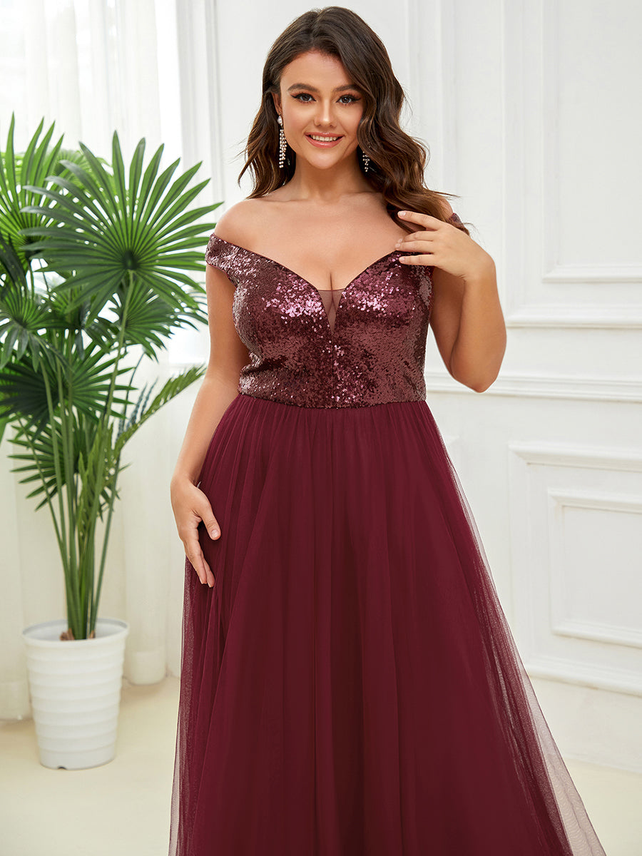 Plus Size Wholesale High Waist Tulle & Sequin Sleeveless Evening Dress EE00277