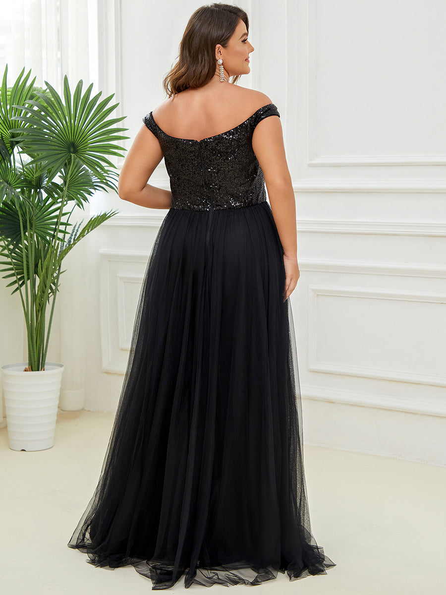 Plus Size Wholesale High Waist Tulle & Sequin Sleeveless Evening Dress EE00277