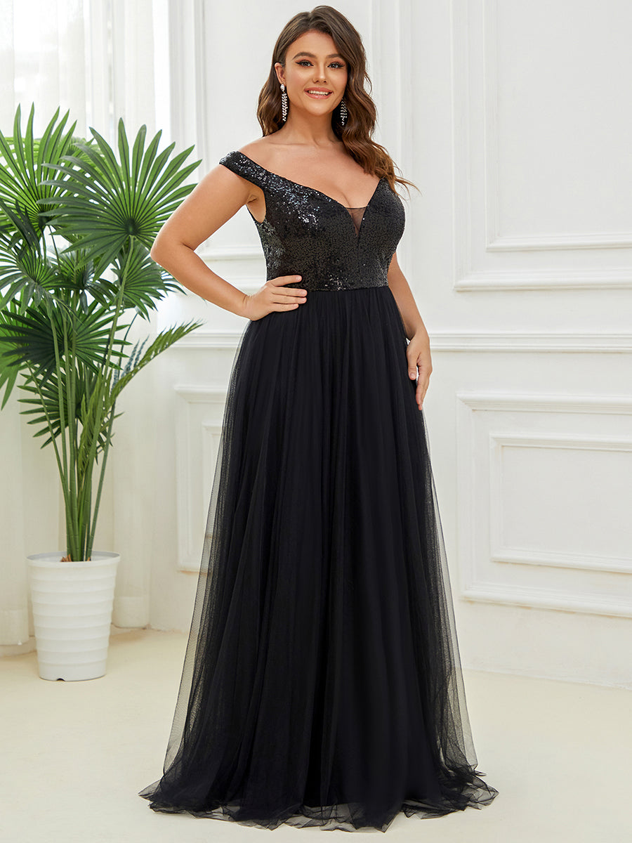 Plus Size Wholesale High Waist Tulle & Sequin Sleeveless Evening Dress EE00277