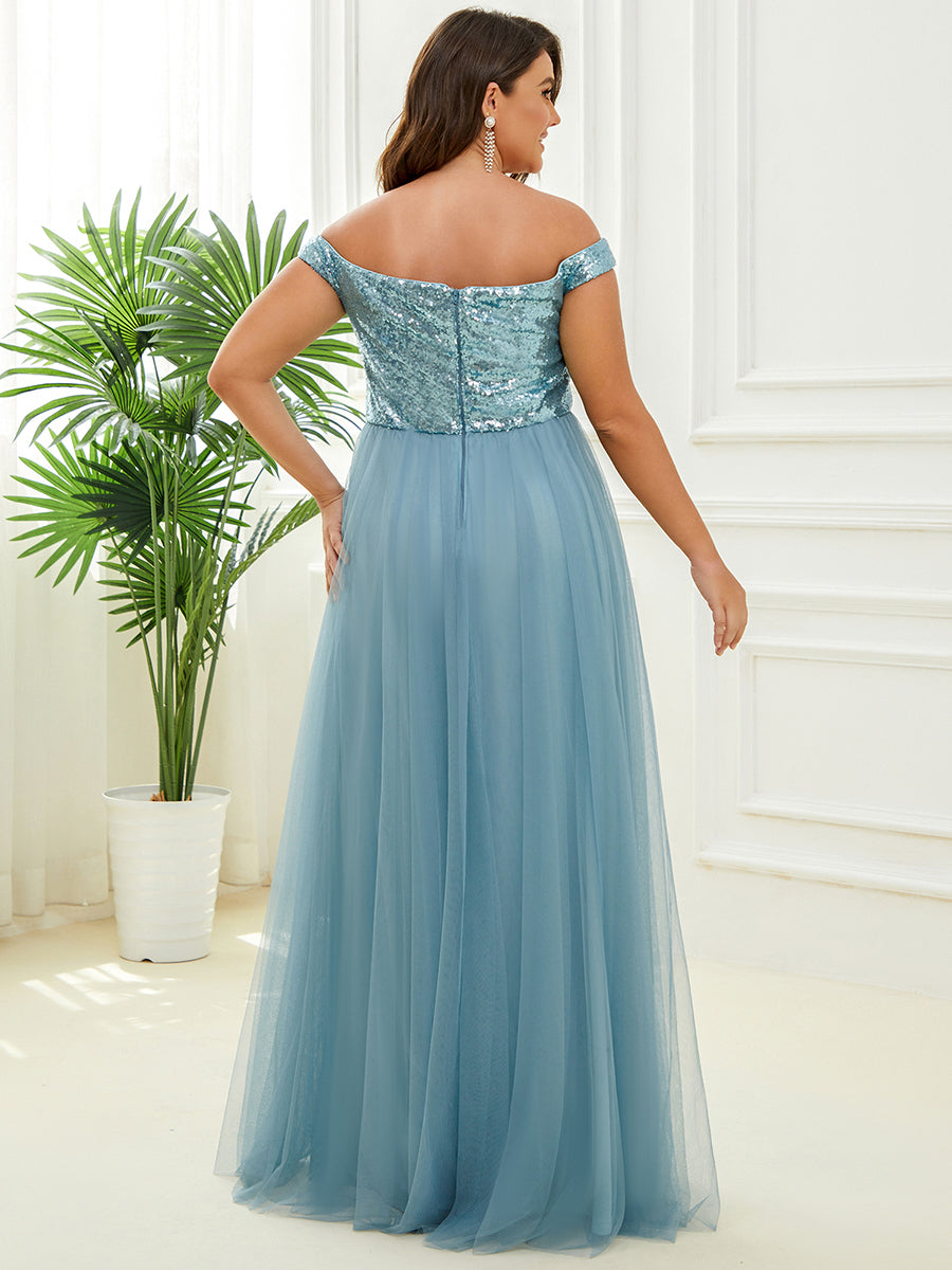 Plus Size Wholesale High Waist Tulle & Sequin Sleeveless Evening Dress EE00277