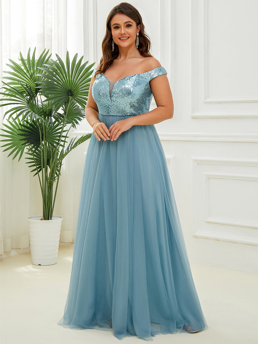 Plus Size Wholesale High Waist Tulle & Sequin Sleeveless Evening Dress EE00277