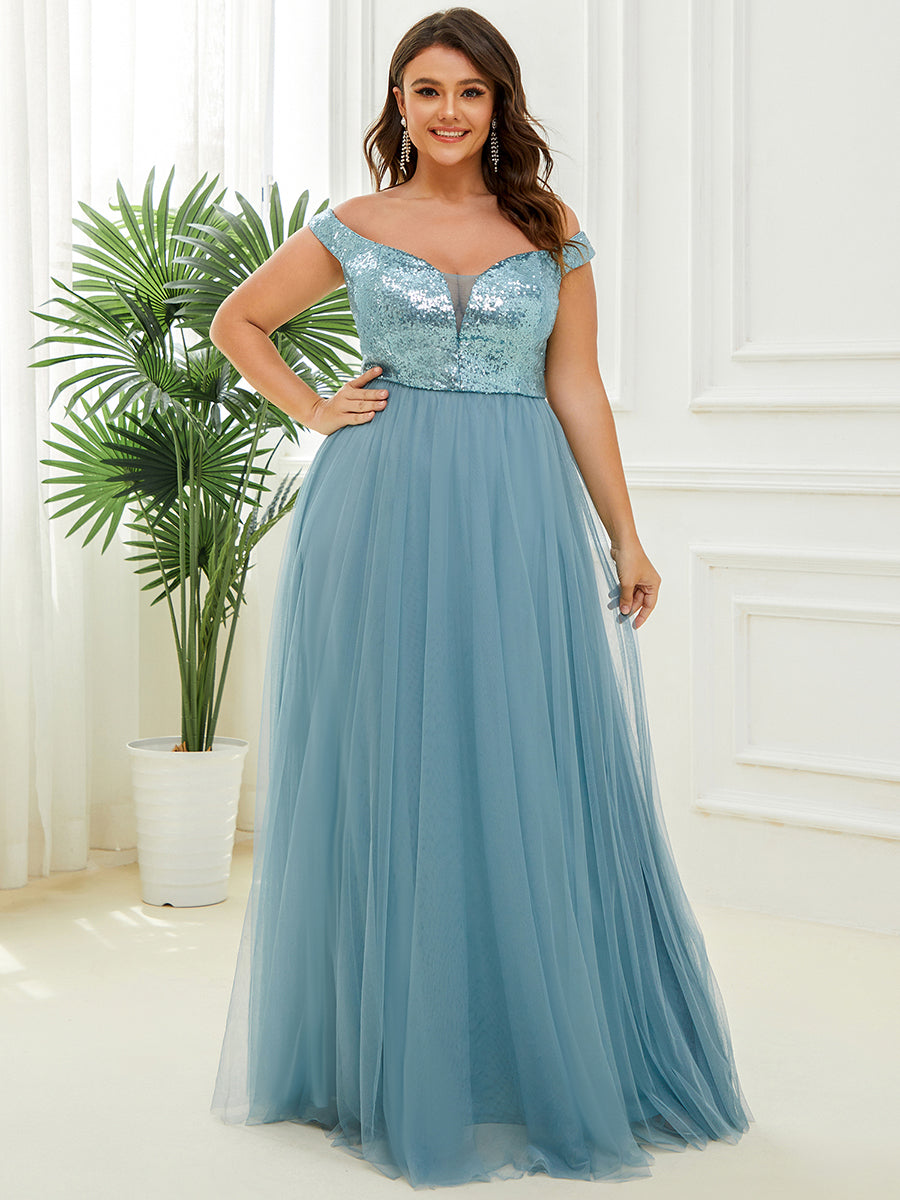 Plus Size Wholesale High Waist Tulle & Sequin Sleeveless Evening Dress EE00277