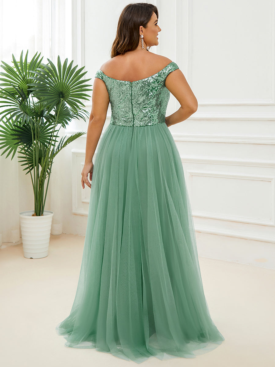 Plus Size Wholesale High Waist Tulle & Sequin Sleeveless Evening Dress EE00277
