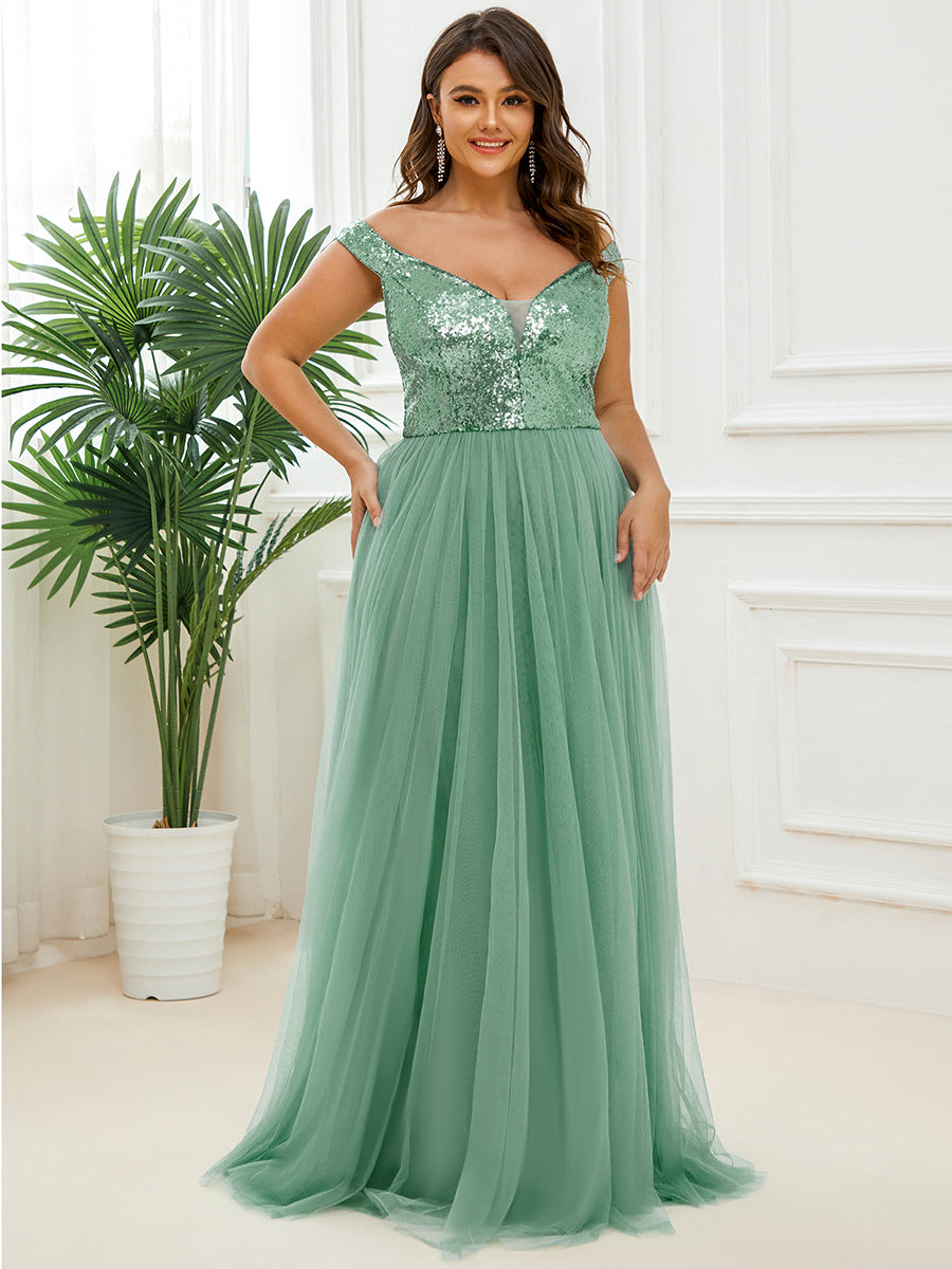 Plus Size Wholesale High Waist Tulle & Sequin Sleeveless Evening Dress EE00277