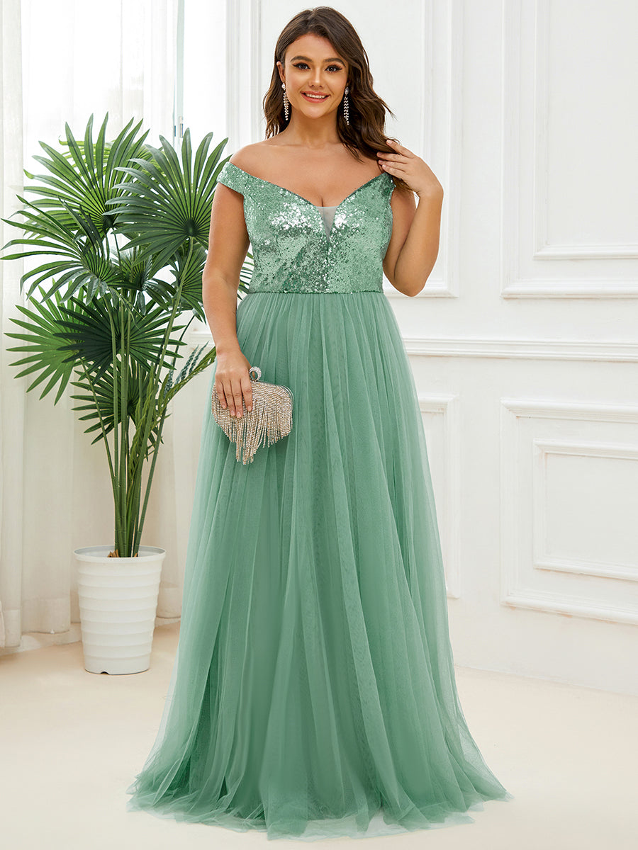 Plus Size Wholesale High Waist Tulle & Sequin Sleeveless Evening Dress EE00277