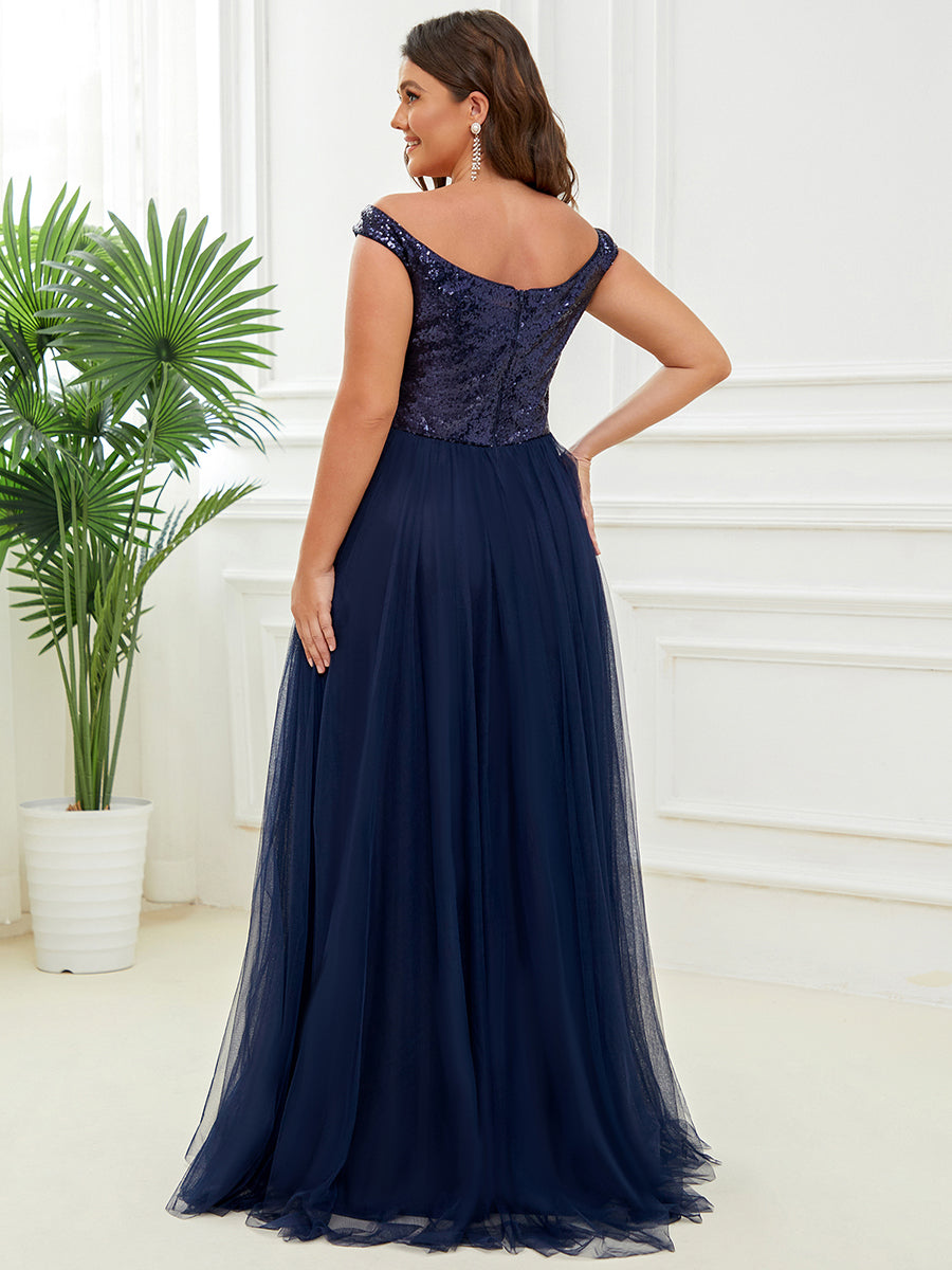Plus Size Wholesale High Waist Tulle & Sequin Sleeveless Evening Dress EE00277