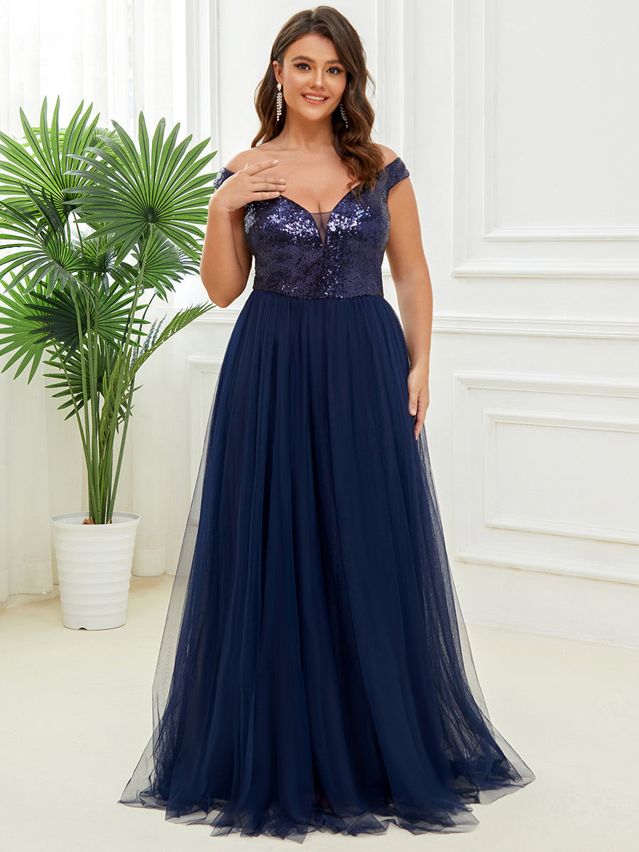 Plus Size Wholesale High Waist Tulle & Sequin Sleeveless Evening Dress EE00277